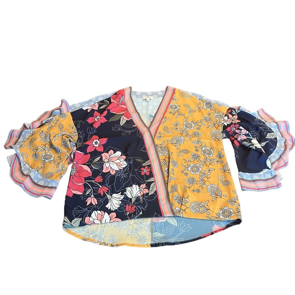 Umgee Women’s Bohemian Floral Mixed Print Ruffle V-Neck Blouse Top Size Medium